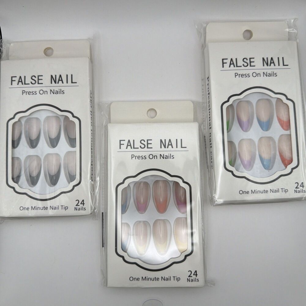 3 Sets 72 Press On Nails French Tip Almond Black Colorful Fake Nails Manicure